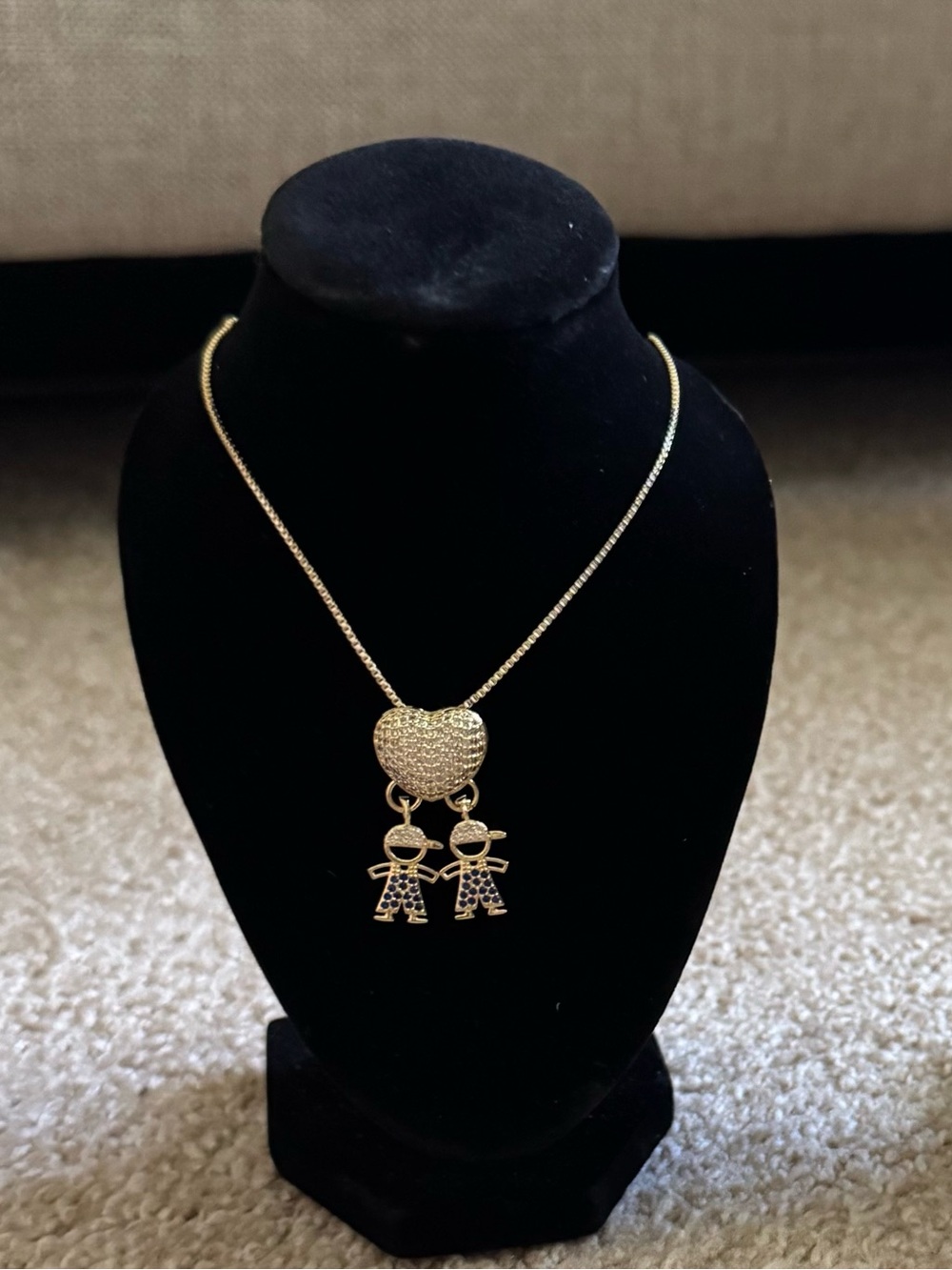 Gold Heart Pendant Necklace with Double Child Charms - Gold